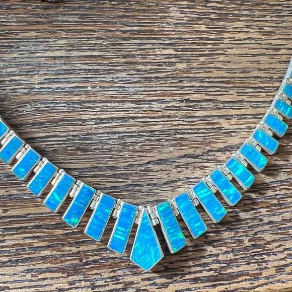 Vintage Mexico Blue Opal collar necklace & 925 blue opal hinged bracelet - Picture 3 of 13